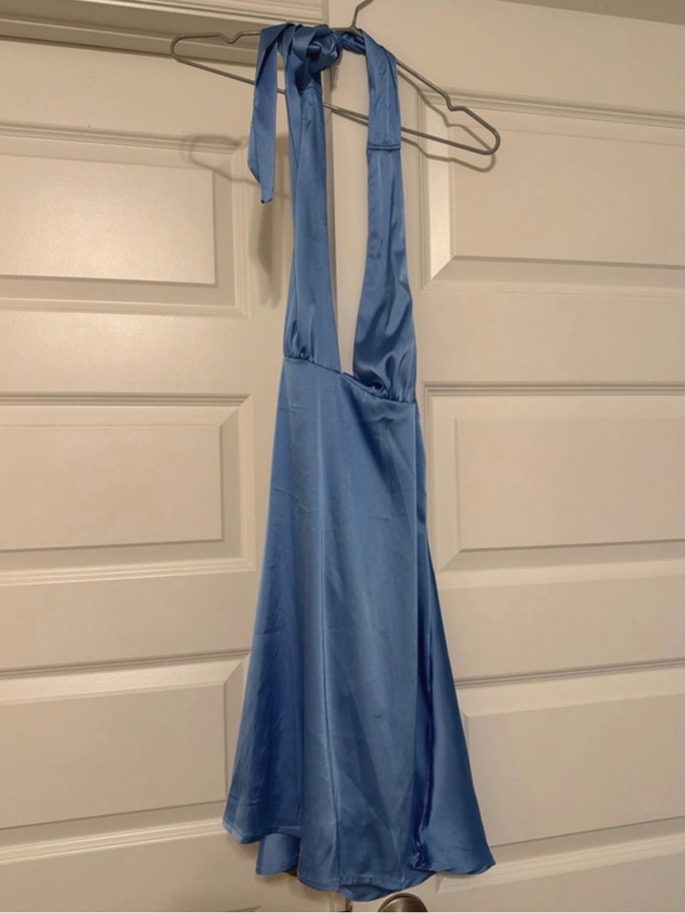 SHEIN Light Blue Satin Halter Backless A-Line Dress